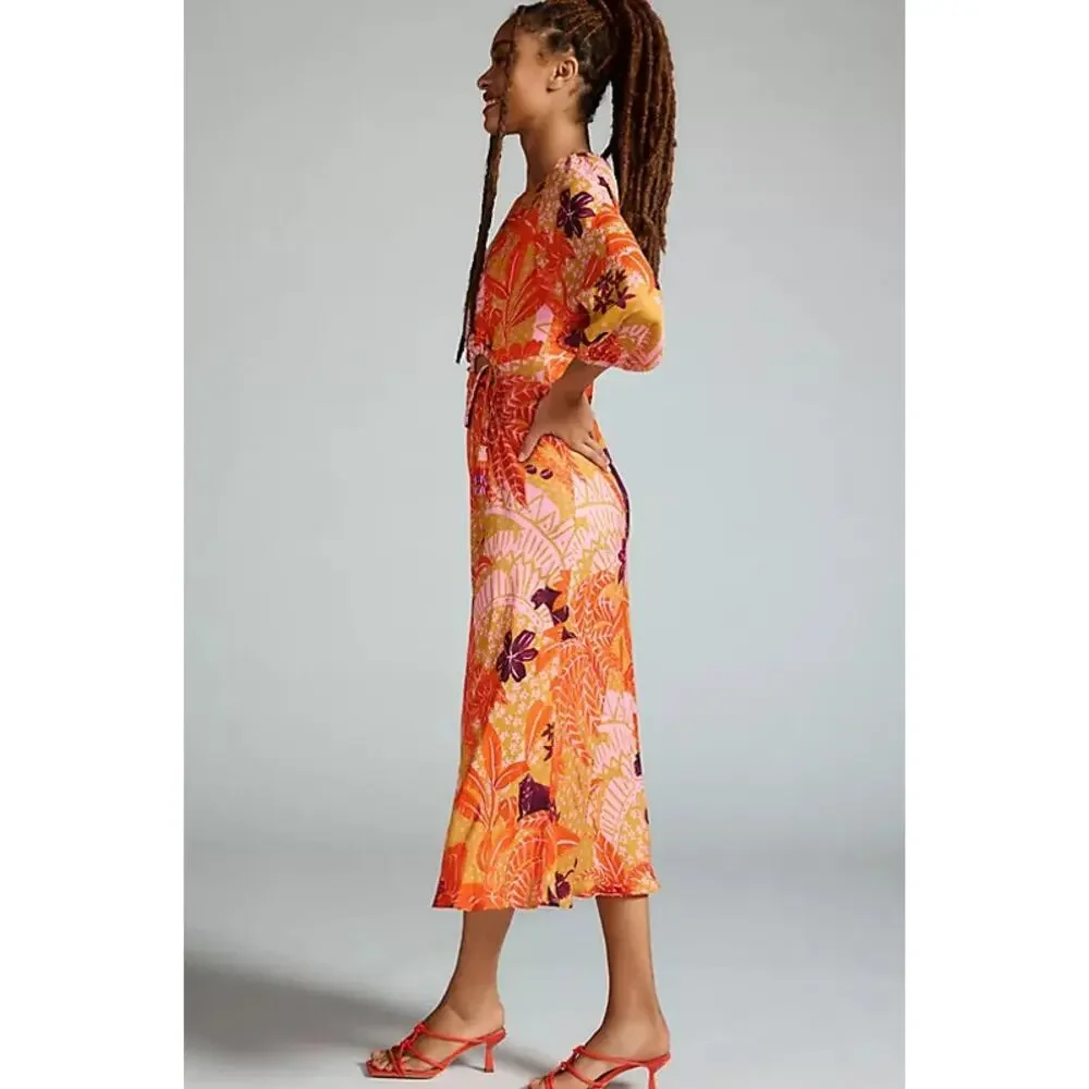 Farm Rio Puff-Sleeve Cutout Slip Maxi Dress Jungle Panther Size Medium - Picture 2 of 10